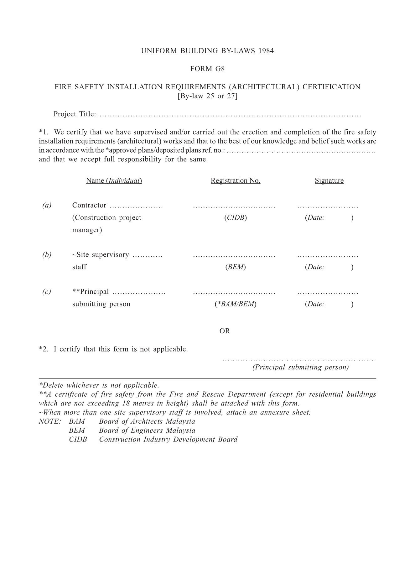 Form G8 FIRE SAFETY INSTALLATION REQUIREMENTS (ARCHITECTURAL) CERTIFICATION